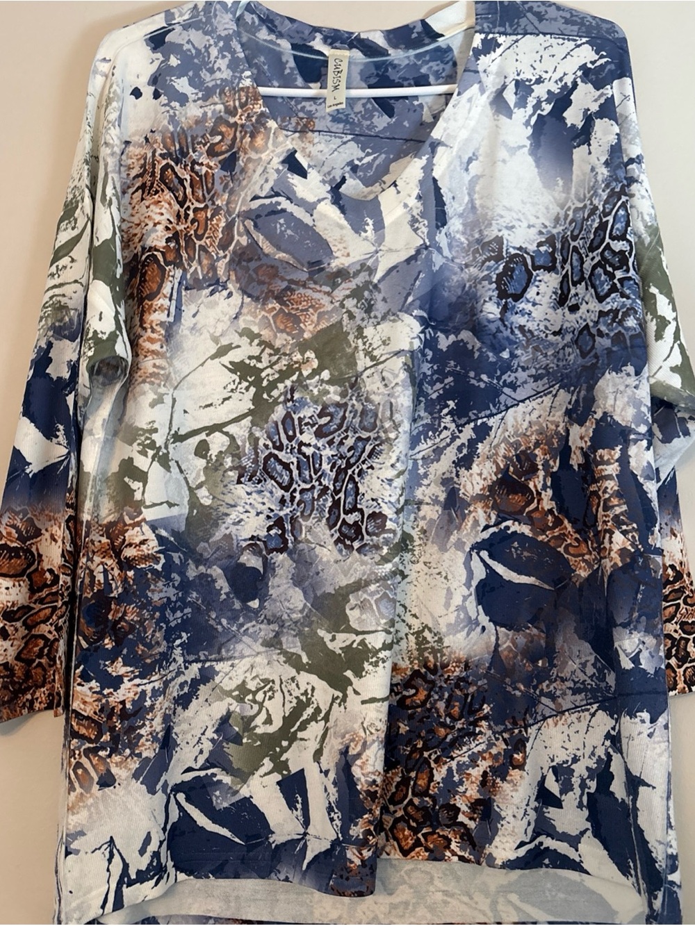 V-Neck Mixed Print Tunic - Blue/White/Brown